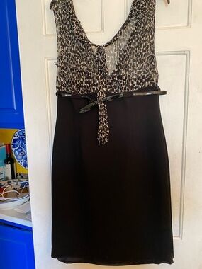 Tahari Black and Cream Patterned Bodice Sheath Dress